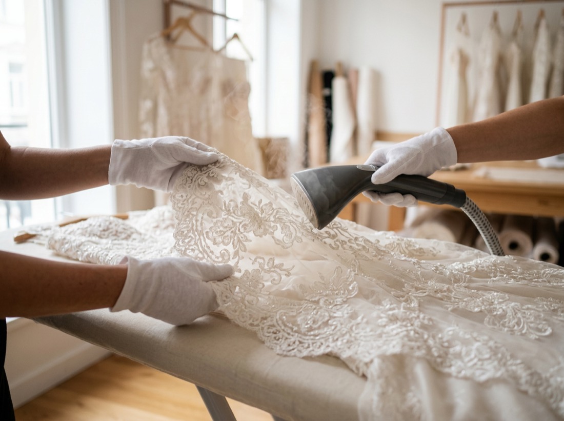 White-gloved hands gently steaming delicate lace on a wedding gown in a bright studio